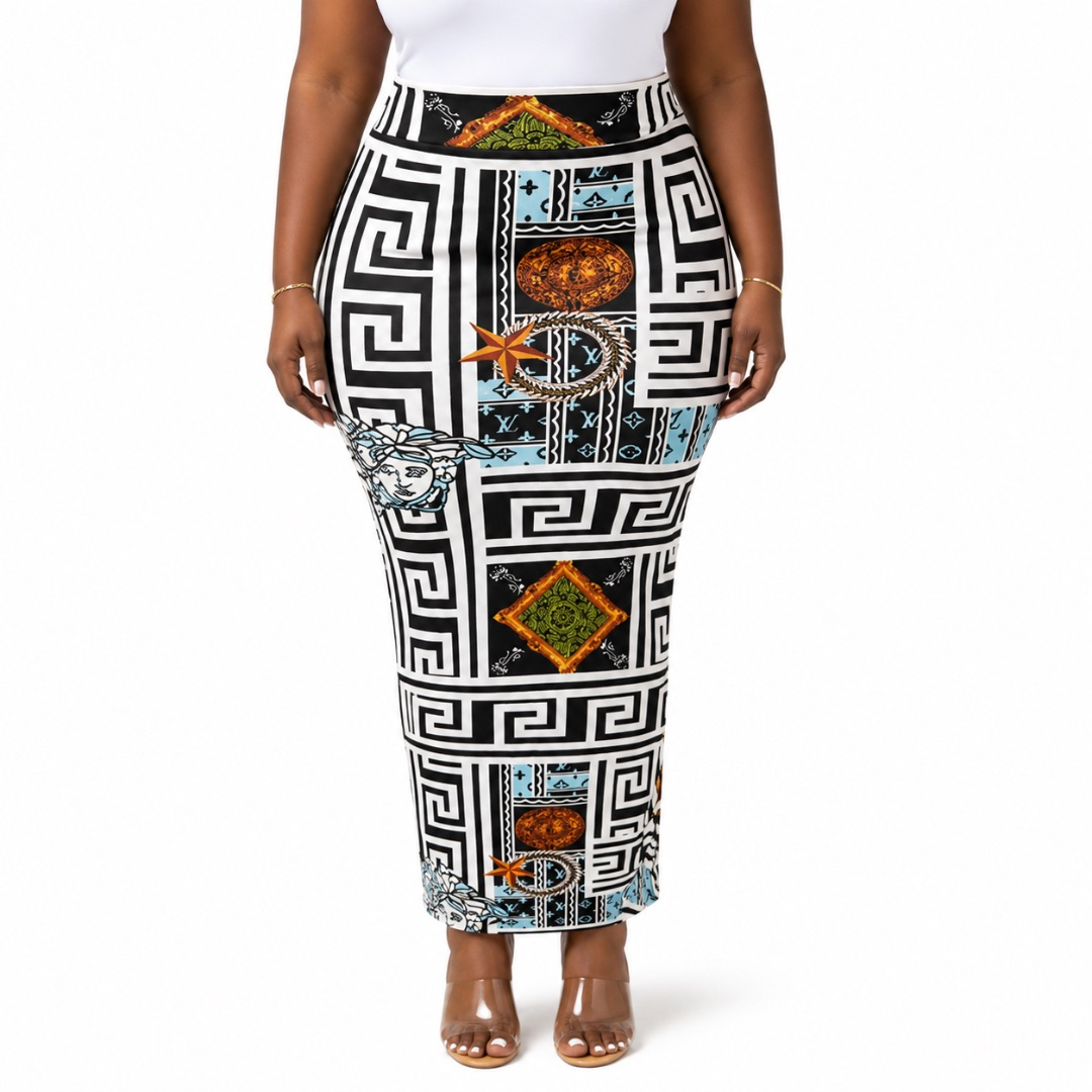 Geometric Print High Waisted Bodycon Maxi Skirt